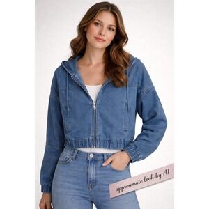 Cisono Womens Medium Wash Denim Hooded Cropped Zip Up Jacket DJK336 Blue Large